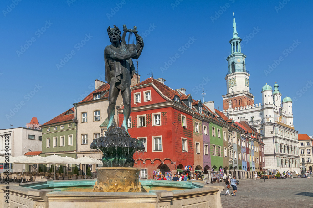 Fototapeta premium Orpheus statue and Town Hall on old market square, Poznan, Poland.