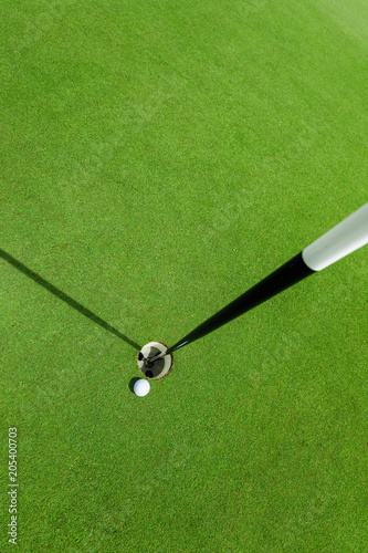 White golf ball near the hole on the green grass