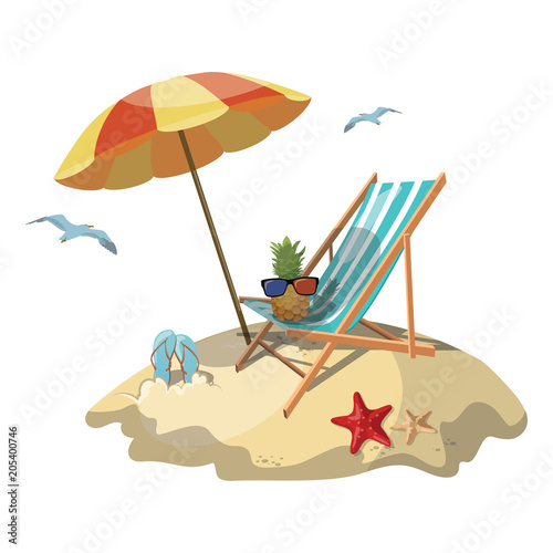 Cartoon island in the sea with a chaise longue and surfboard. Illustration for a travel company. Summer vacation at the sea. Illustration of a sandy beach with an umbrella. Vacation. Drawing for child