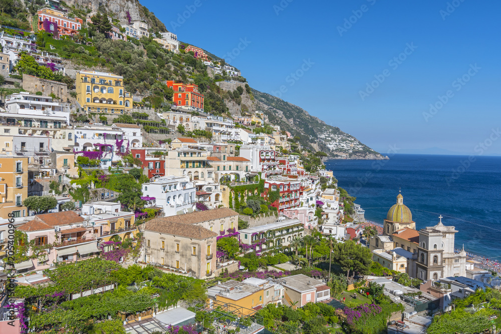 View of Positano, one of the most beautiful and touristic villages of Amalfi Coast, Italy.