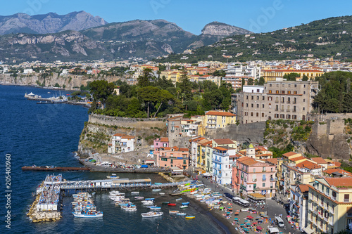 View over Marina Grande and Bay of Naples in Sorrento, Neapolitan Riviera, Italy.