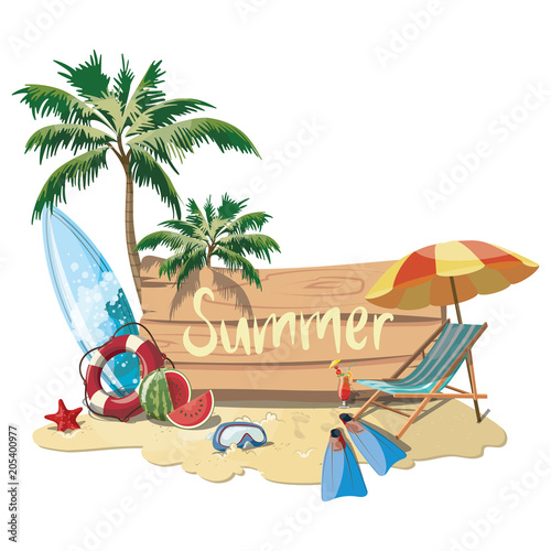 Cartoon island in the sea with a chaise longue and surfboard. Illustration for a travel company. Summer vacation at the sea. Illustration of a sandy beach with an umbrella. Vacation. Drawing for child