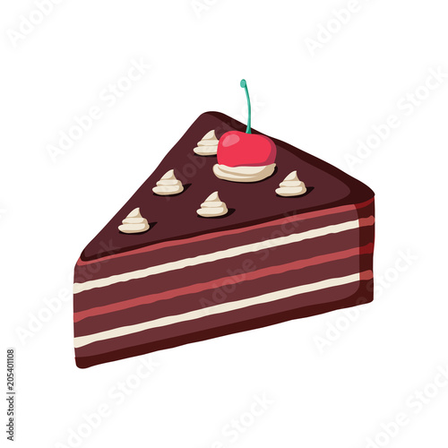 Piece of layered chocolate cake with maraschino cherry. Hand drawn style cake slice isolated illustration.