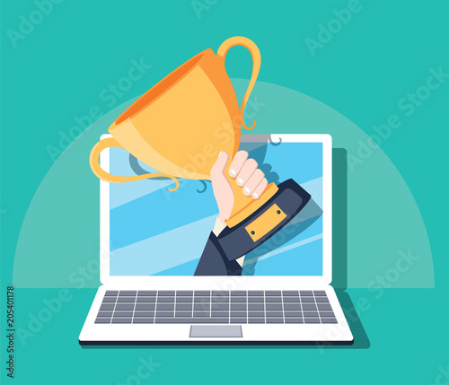 Online award goal achievement vector, flat cartoon computer and success winner holding golden cup prize, first place victory