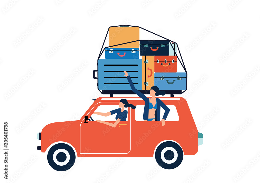 Fototapeta premium Two women traveling by car . Vector illustration of a flat design.Two women is going on vacation.