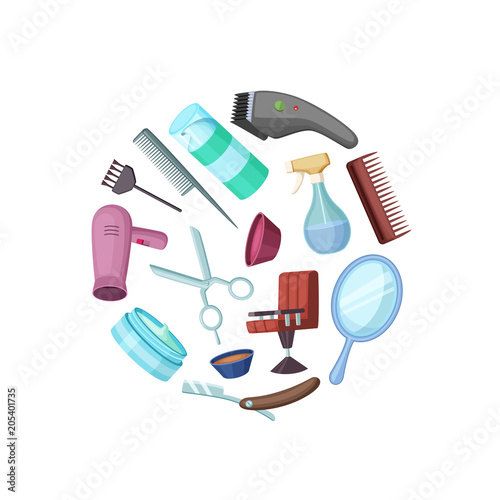 Vector hairdresser or barber cartoon elements in circle illustration