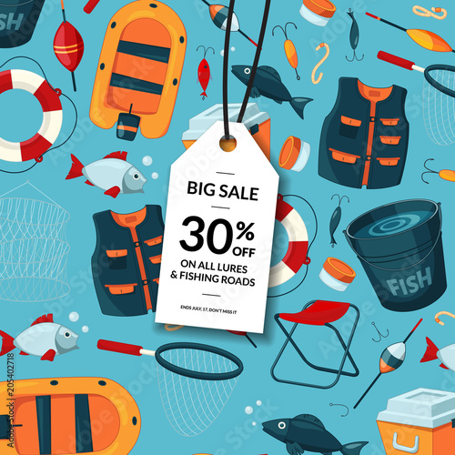 Vector sale background with cartoon fishing equipment
