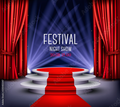 Festival night show poster. Showroom Background With A Red Carpet and Spotlight. Vector.