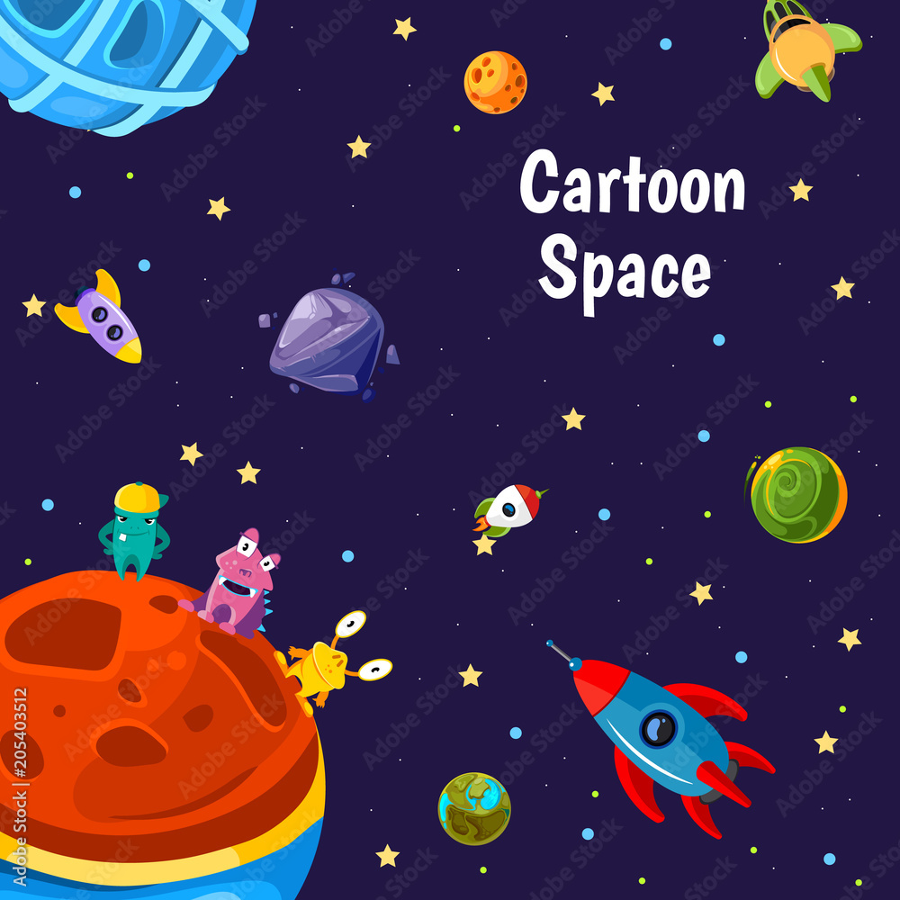 Naklejka premium Vector with cartoon space planets and ships