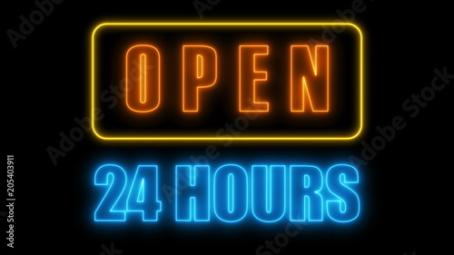 Open 24-7 neon sign, retro style signboard for bar or club, 3d rendering computer generated background