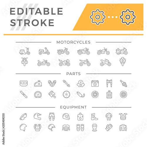 Set of motorcycle related line icons