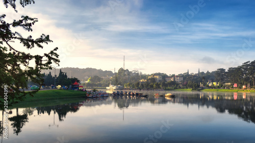 Dalat, Vietnam - May 2, 2018: View of Xuan Huong Lake in the morning. The lake is popular for sightseeing, jogging, strolling and fishing
