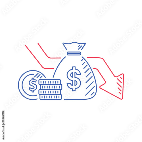 Money loss vector illustration in flat cartoon cash with down arrow stocks graph, concept of financial crisis