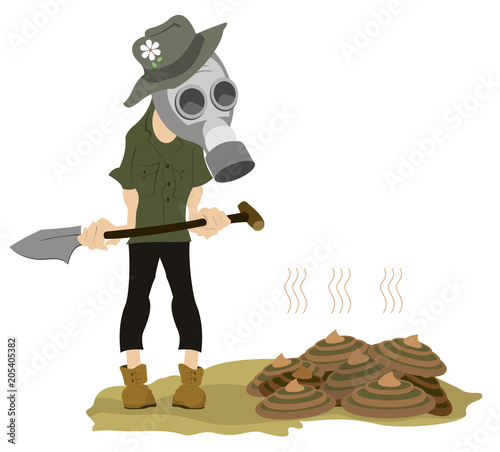 Man in the gas mask, spade and dunghill illustration. Farmer in the gas mask with a spade stays near a dunghill isolated on white illustration
