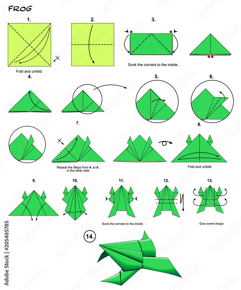 Origami animal frog diagrams steps instructions paperfolding paper art home  decor diy kid crafts Stock Illustration | Adobe Stock