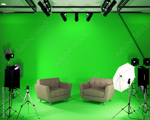 Canvas-taulu Studio BIg - Modern Film Studio with Green Screen. 3D rendering