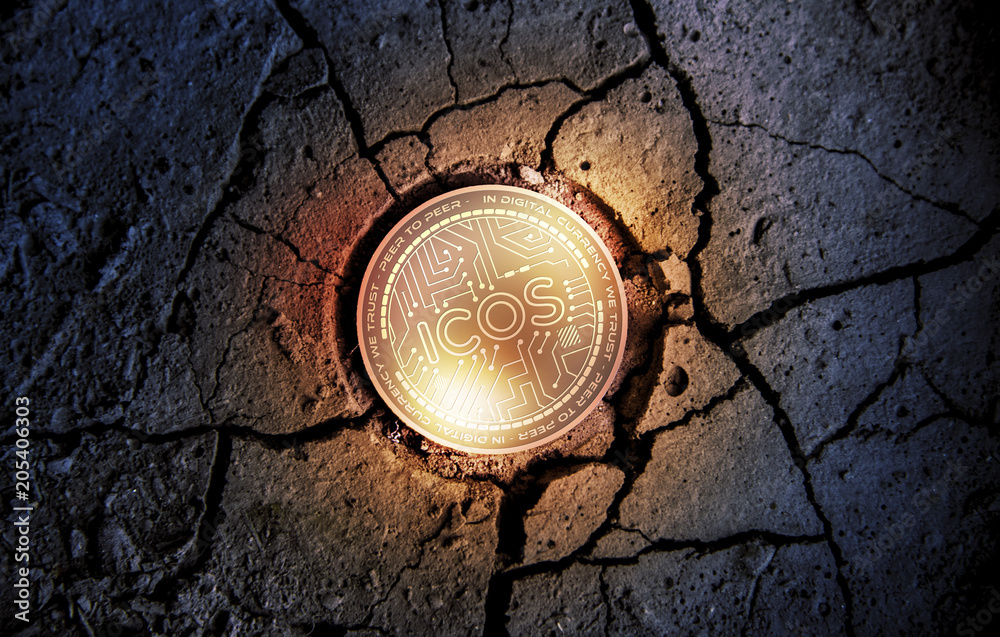 shiny golden ICOS cryptocurrency coin on dry earth dessert background mining 3d rendering illustration