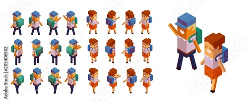 Back to school Set of isometric schoolchildren figures Geometric style 3d vector