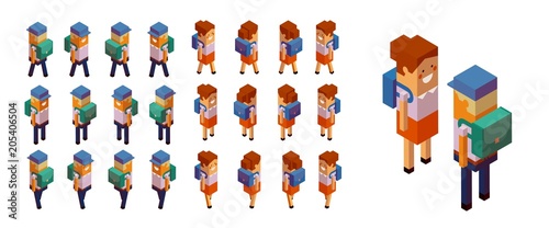 Back to school Set of isometric schoolchildren figures Geometric style 3d vector