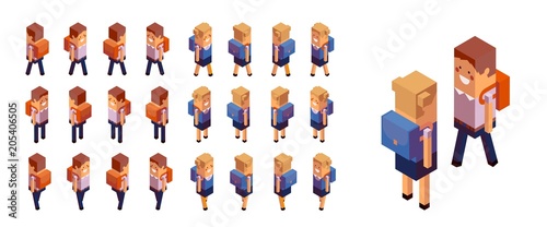 Back to school Set of isometric schoolchildren figures Geometric style 3d vector