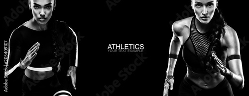 Sport concept. Black and white photo. A strong athletic, women sprinter, running isolated on black, wearing in the sportswear, fitness and sport motivation. Runner concept. © Mike Orlov