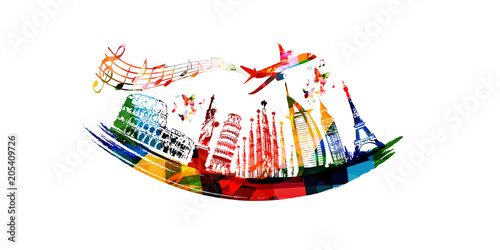 World skyline, famous world landmarks vector illustration design. Travel and tourism background. Colorful turistic landmarks. Around the world famous monuments
