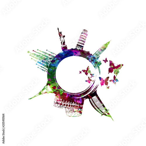 World skyline, famous world landmarks vector illustration design. Travel and tourism background. Colorful turistic landmarks. Around the world famous monuments