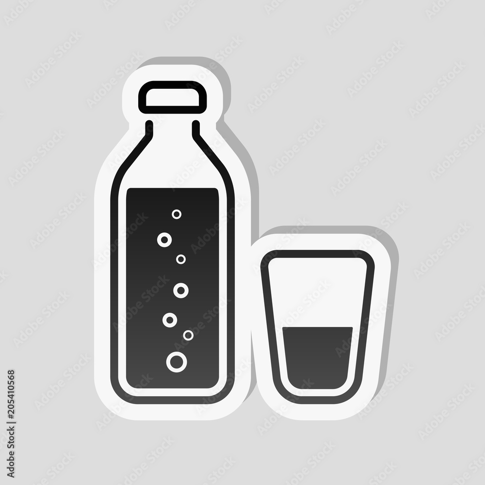 bottle of water with bubbles and glass cup. simple icon. Sticker