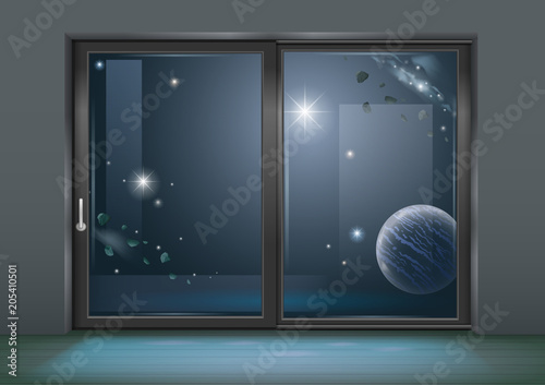 Sliding window of the space hotel. Concept. Space travel