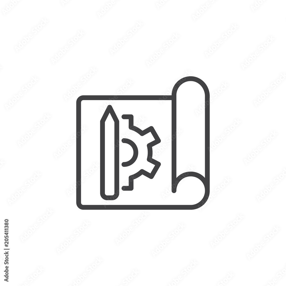 Blueprint paper with gear and pencil outline icon. linear style sign for mobile concept and web design. Planning simple line vector icon. Symbol, logo illustration. Pixel perfect vector graphics Blueprint paper with gear and pencil outline icon. linear style sign for mobile concept and web design. Planning simple line vector icon. Symbol, logo illustration. Pixel perfect vector graphics