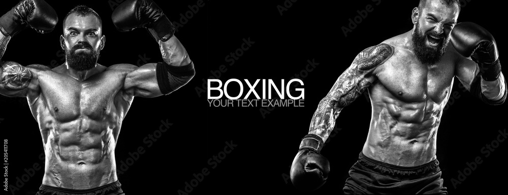 Sportsman muay thai boxers fighting. Isolated on black background. Copy Space. Sport concept.