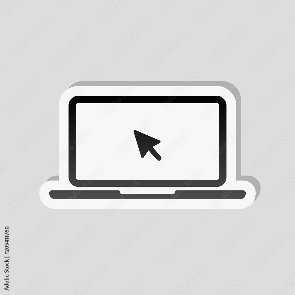 Laptop or notebook with arrow on screen. Sticker style with whit Laptop or notebook with arrow on screen. Sticker style with whit