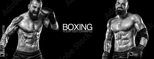 Sportsman muay thai boxers fighting. Isolated on black background. Copy Space. Sport concept.