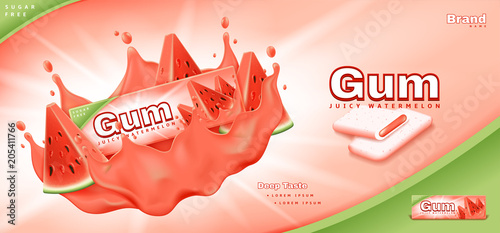 Bubble gum ads template. Commercial banner with juicy watermelon gum. Realistic vector illustration with 3d objects.