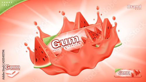 Bubble gum ads banner template. Commercial background with juicy watermelon gum. Realistic vector illustration with 3d objects.