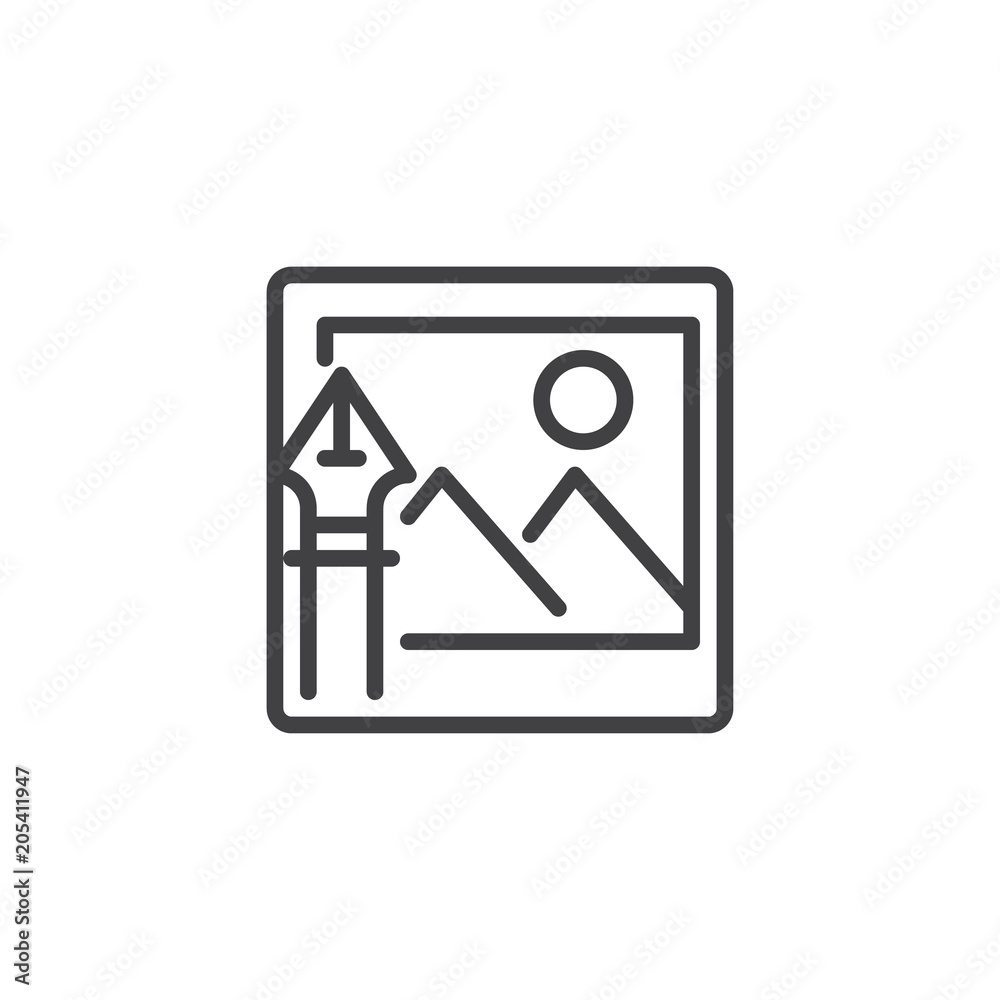 Image with ink pen outline icon. linear style sign for mobile concept and web design. Nib and landscape picture simple line vector icon. Symbol, logo illustration. Pixel perfect vector graphics Image with ink pen outline icon. linear style sign for mobile concept and web design. Nib and landscape picture simple line vector icon. Symbol, logo illustration. Pixel perfect vector graphics