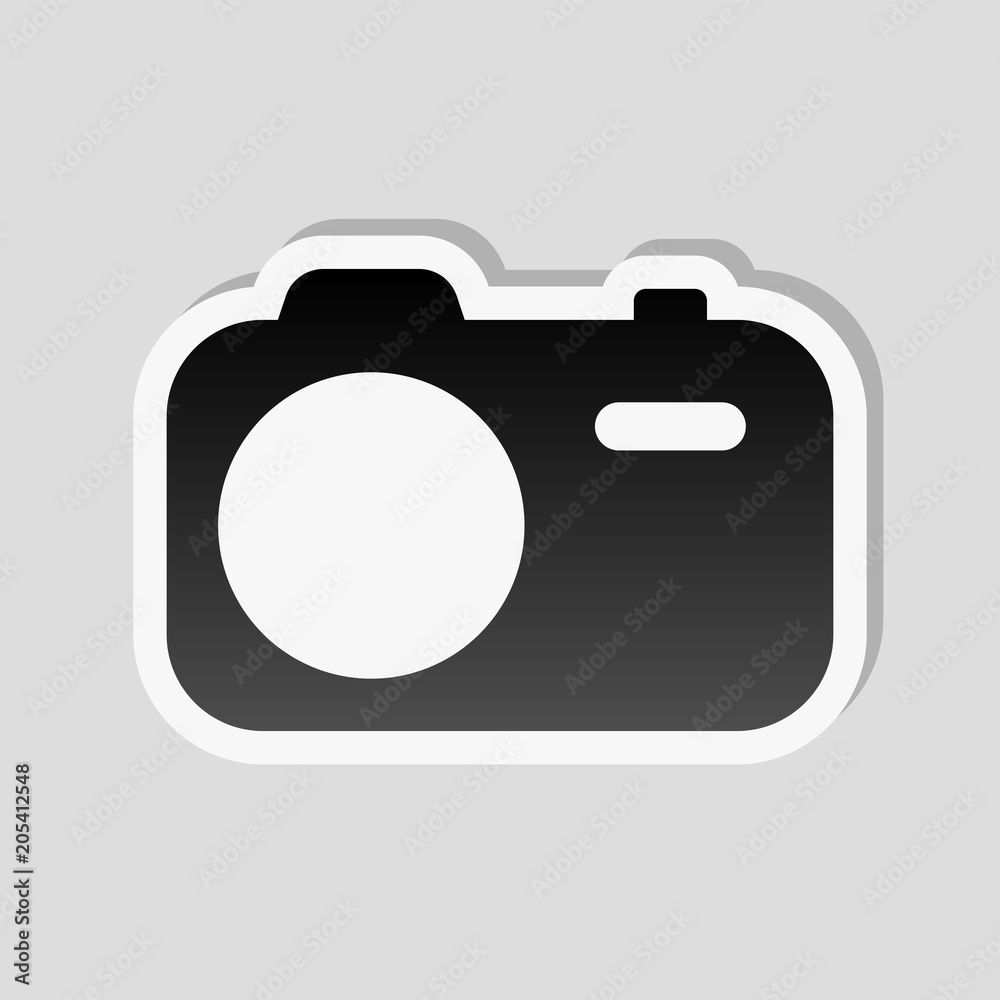 Simple photo camera. Technology icon. Sticker style with white b Simple photo camera. Technology icon. Sticker style with white b