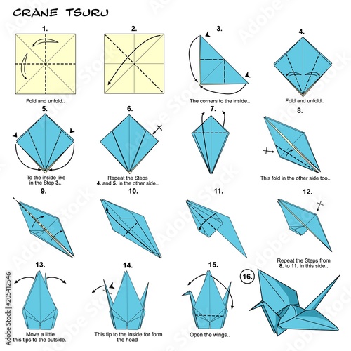 Foto Origami crane steps diagram instructions paperfolding paper art crafts