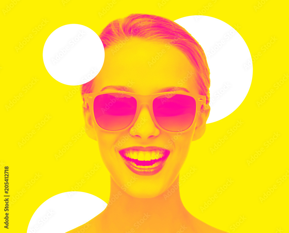 happiness and people concept - portrait of happy amazed teenage girl in sunglasses, trendy duotone effect - obrazy, fototapety, plakaty 