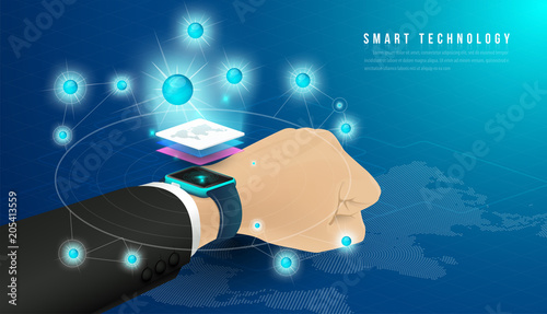 Smart technology and Cryptocurrency and blockchain Isometric Concept. modern technology with Mobile Phone and smart watch. analysts and managers working on blockchain start up