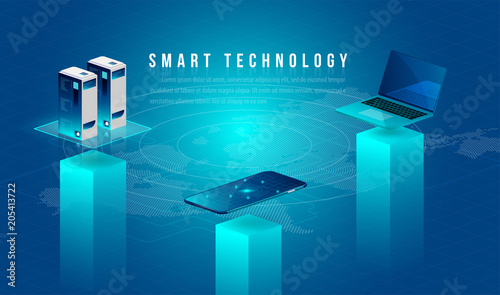 Concept of big data processing, energy station of future, data center, Cryptocurrency and blockchain isometric composition Smart object and smart technology design. for working on blockchain start up.