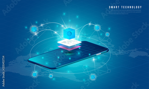 Concept of big data processing, energy station of future, data center, Cryptocurrency and blockchain isometric composition Smart object and smart technology design. for working on blockchain start up.