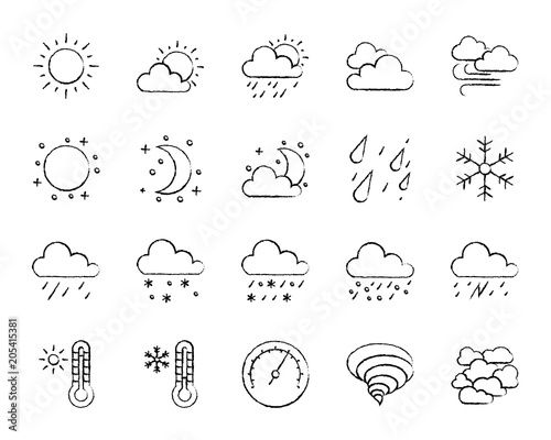 Weather charcoal draw line icons vector set