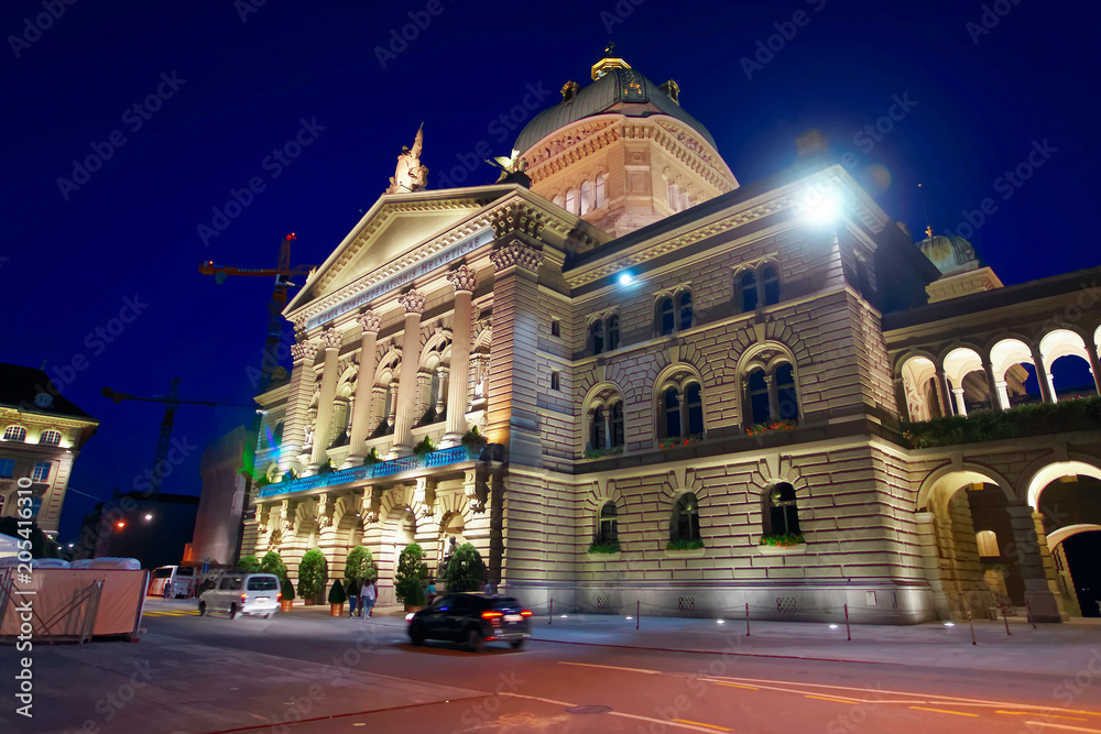 Federal Palace of Switzerland in Bern late evening