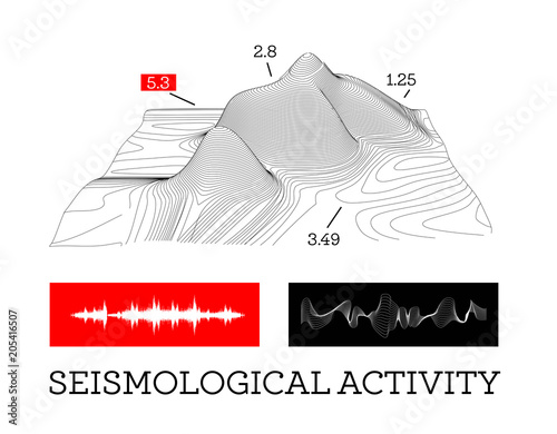 Seismic activity infographics vector illustration with sound waves, graphs and topological relief.  Earthquake Prediction