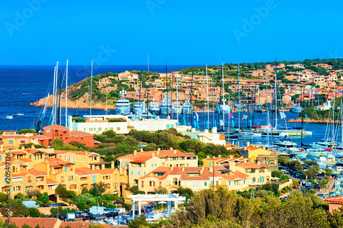 Cityscape with Luxury yachts at marina at Porto Cervo Italy photo