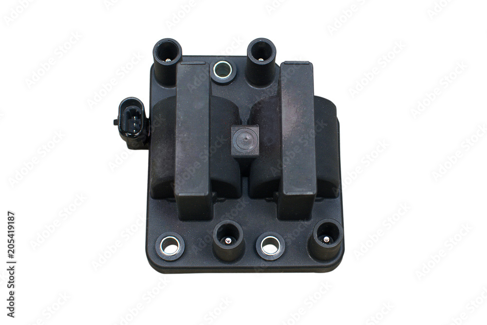Ignition coil for gasoline four-cylinder internal combustion engine. Isolate on white.
