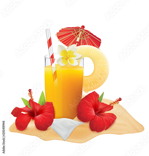 Glass of Pineapple juice and fresh pineapple, plumeria, gibiskus, umbrella, tube. Vector illustration