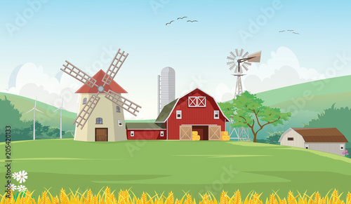 illustration of Mountain countryside with red farm barn © wisnu_Ds