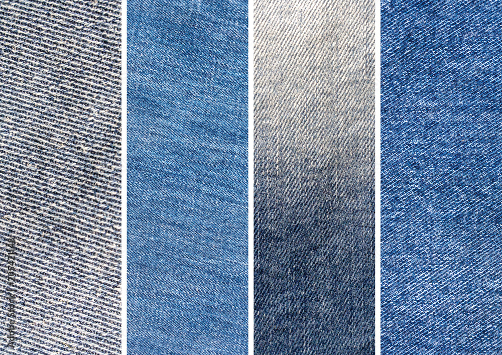 Fototapeta premium Set of Four Blue Denim Jeans Texture, Background, Backdrop
